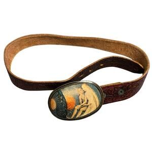 VTG Tooled Leather Belt Masterwork "Bubble of Love" Brass Belt Buckle